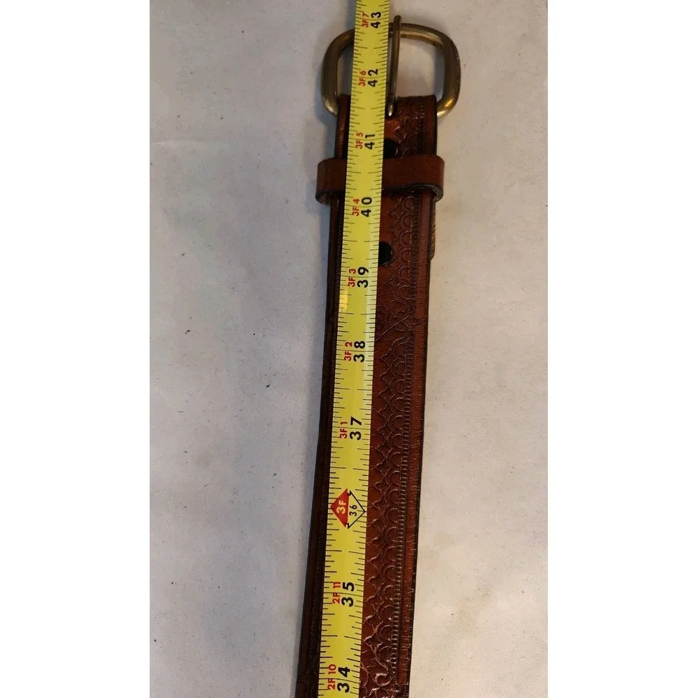 Vintage Chambers Belt Co Tooled Leather Belt USA Brown Brass Mens 38 Cowboy
